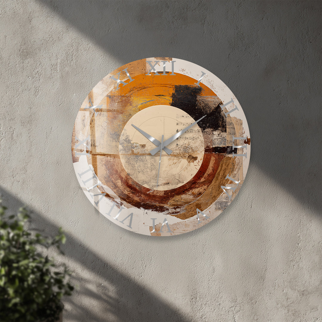Neutral Abstract Glass Wall Clock – Earth Tone Circle Art