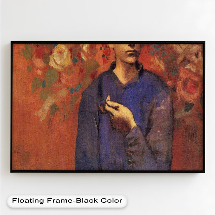 An emotional and subdued composition featuring a male figure partially turned away, surrounded by painterly roses and warm tones.