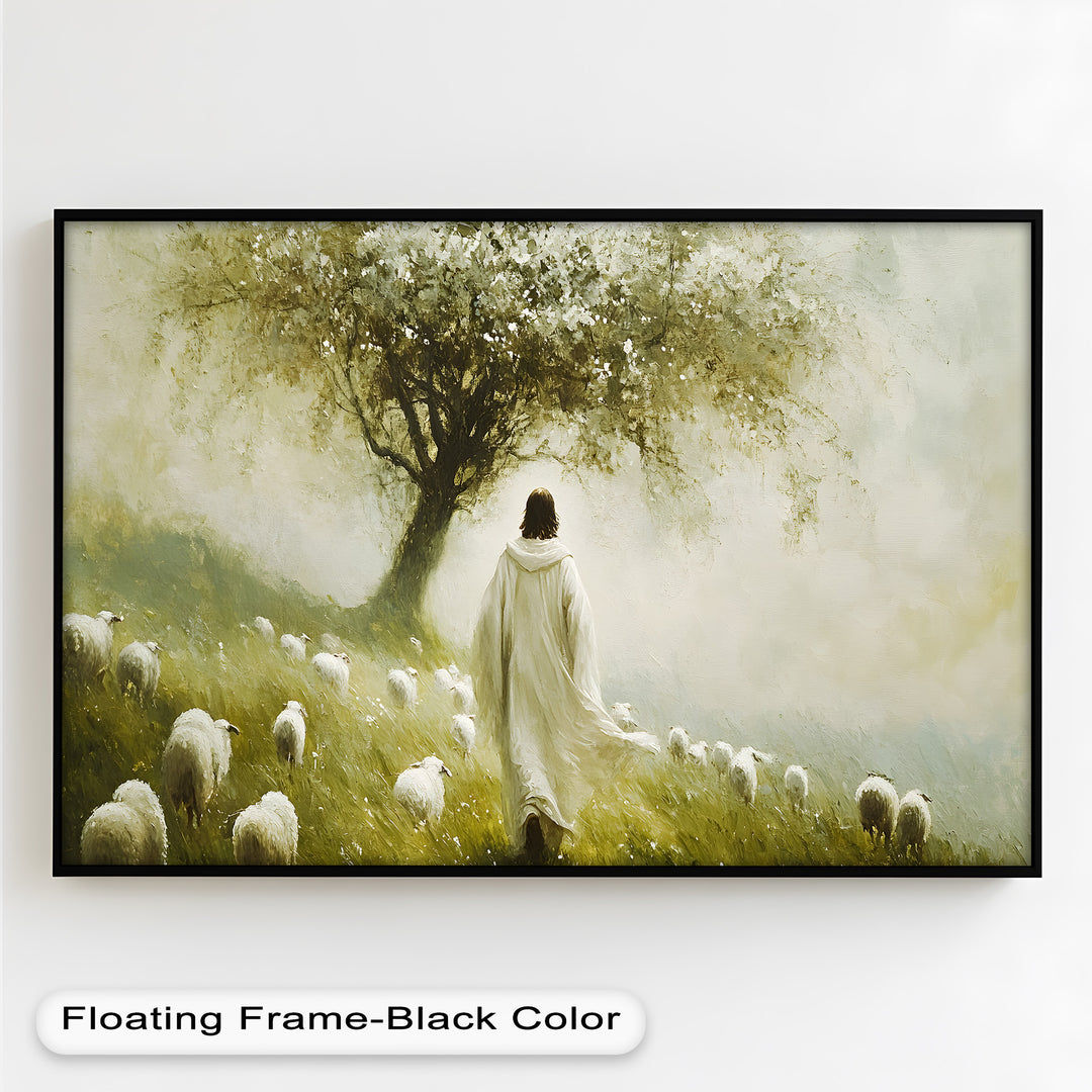 A serene and spiritual painting depicting a robed figure walking among a flock of sheep, guided by soft light as they move toward a blossoming tree in a peaceful meadow.