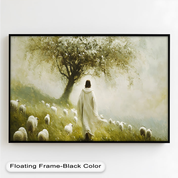 A serene and spiritual painting depicting a robed figure walking among a flock of sheep, guided by soft light as they move toward a blossoming tree in a peaceful meadow.