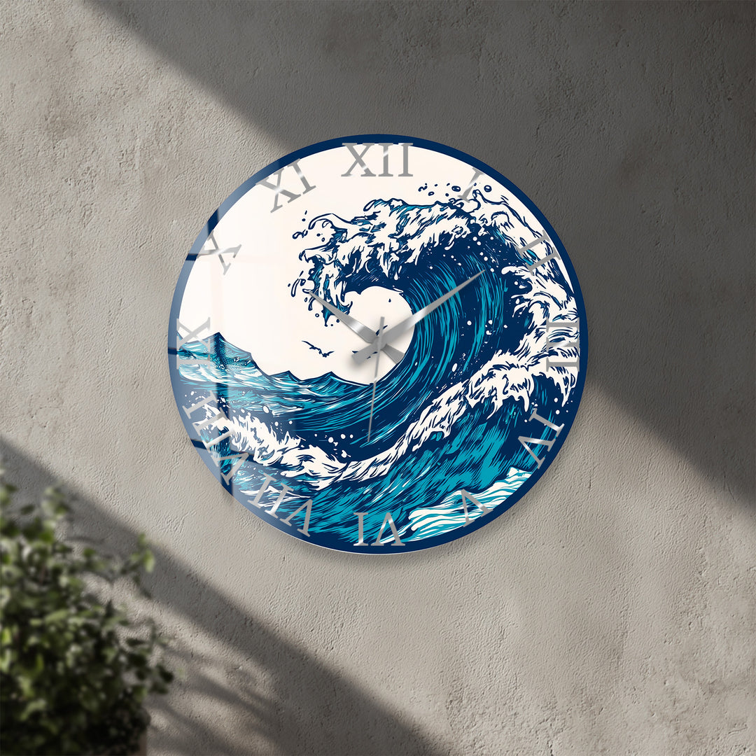 Japanese Wave Glass Wall Clock – Blue Ocean Coastal Decor