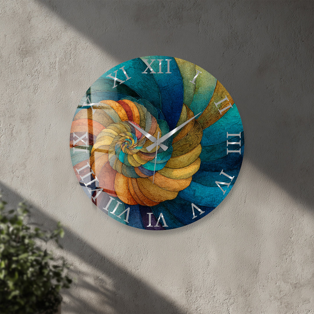 Abstract Spiral Glass Wall Clock – Teal and Gold Swirl Art