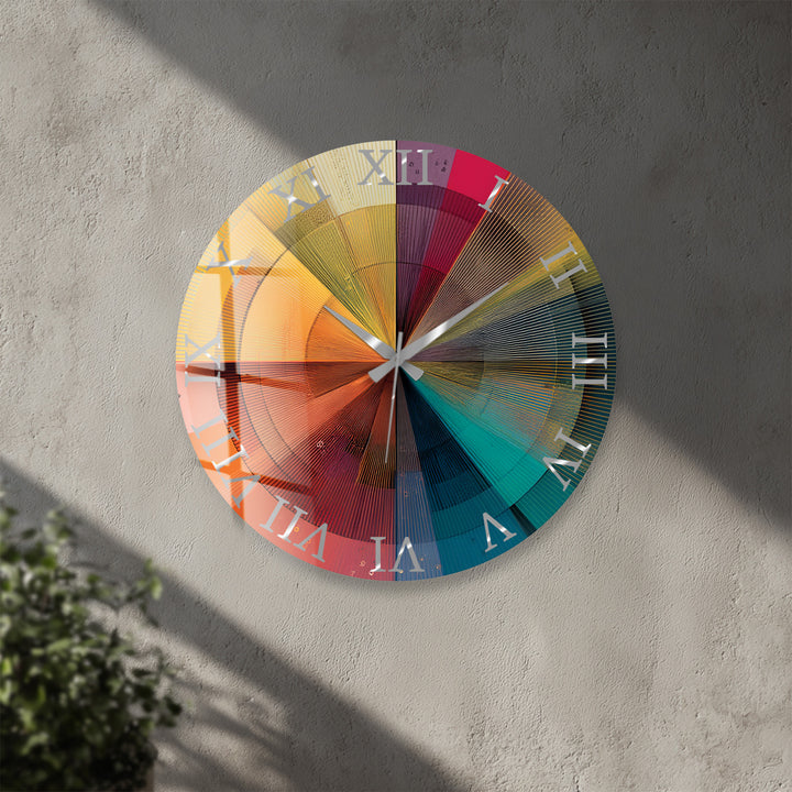 Colorful Geometric Glass Wall Clock – Retro Radial Art