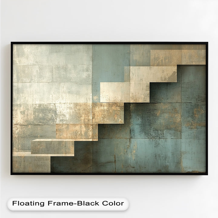 Geometrische Schritte Abstrakt – Blau &amp; Beige Modernes Ölgemälde