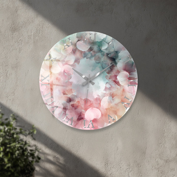 Pastel Hydrangea Glass Wall Clock – Pink Floral Wreath Decor