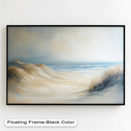 The darkest area of this tranquil seascape oil painting art piece captures the dramatic interplay of light and shadow across a sandy beach leading to the ocean.