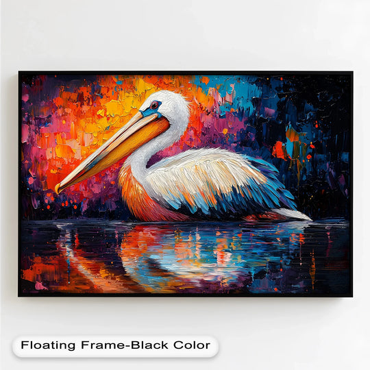 Flowing strokes capture the sense of movement in this 'Sunset Pelican on Water' animal oil painting wall art as the bird settles on mirrored water.