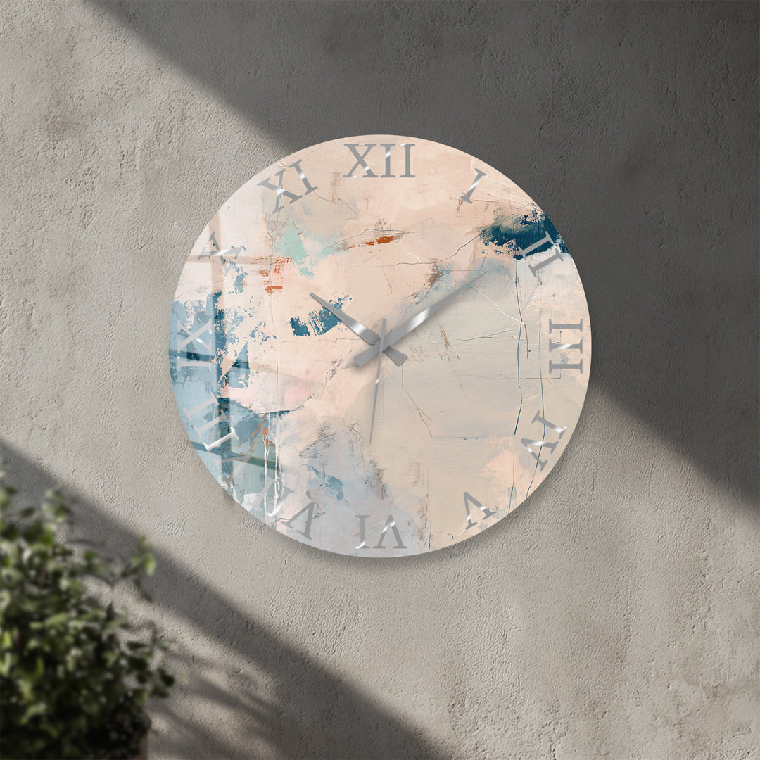 Neutral Abstract Glass Wall Clock – Beige and Blue Modern Decor