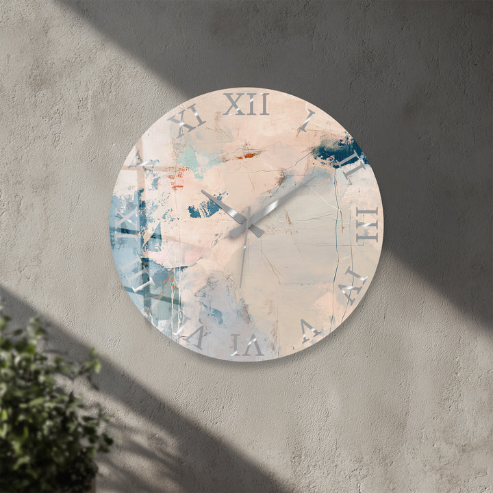 Neutral Abstract Glass Wall Clock – Beige and Blue Modern Decor