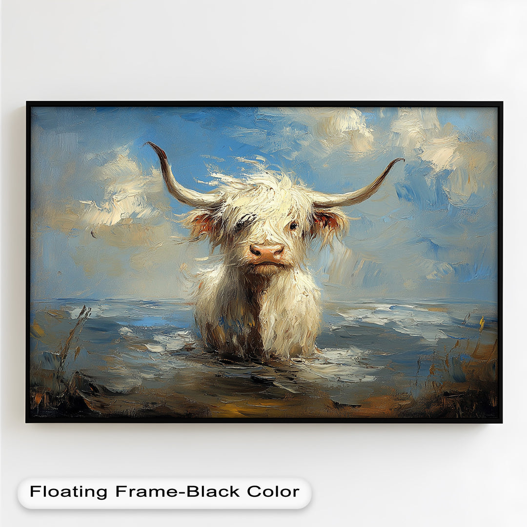 Highland Cow in Coastal Waters – Animal Oil Painting
