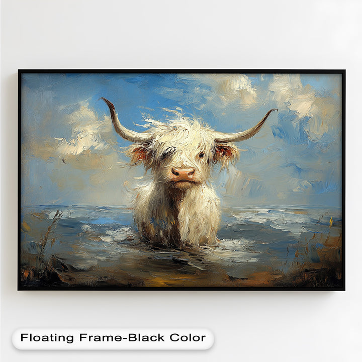 Highland Cow in Coastal Waters – Animal Oil Painting