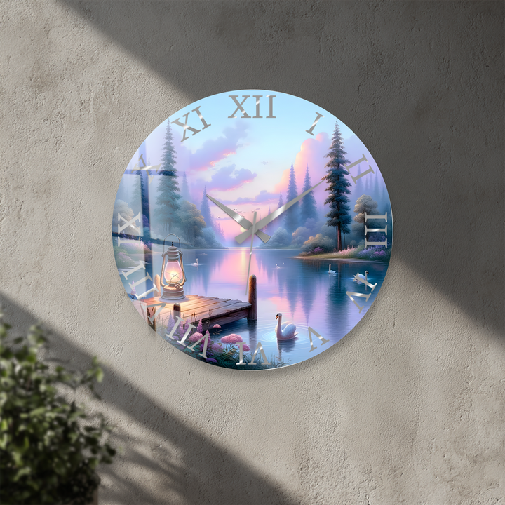 Swan Lake Glass Wall Clock – Pastel Forest Landscape