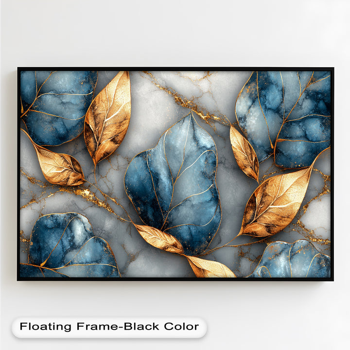 Golden Blue Marble Leaves – Botanical Oil Painting