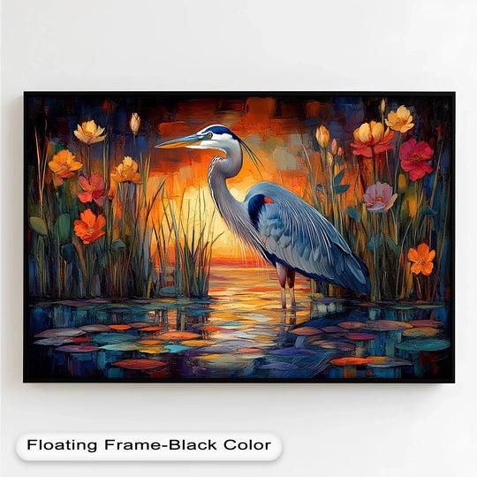 Horizontal and rectangular, this serene Heron at Sunset oil painting artwork features a black floating frame.
