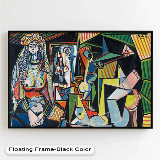 Focusing on the realistic detail, this modern oil painting art showcases a vibrant and symbolic bold Cubist interior scene with standing and reclining figures reminiscent of Picasso's iconic style.
