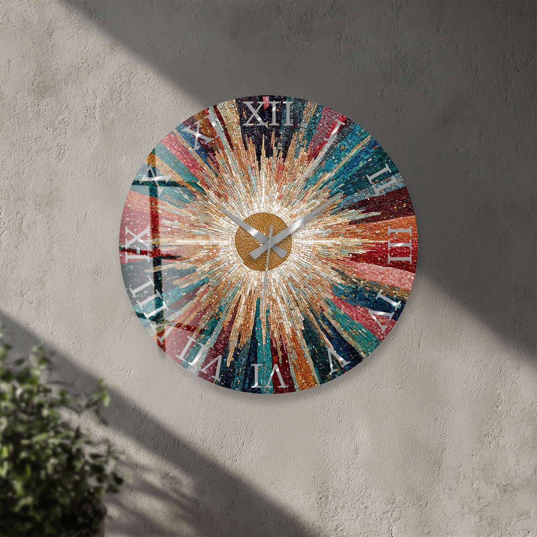 Colorful Sunburst Glass Wall Clock – Radiant Mosaic Art Decor