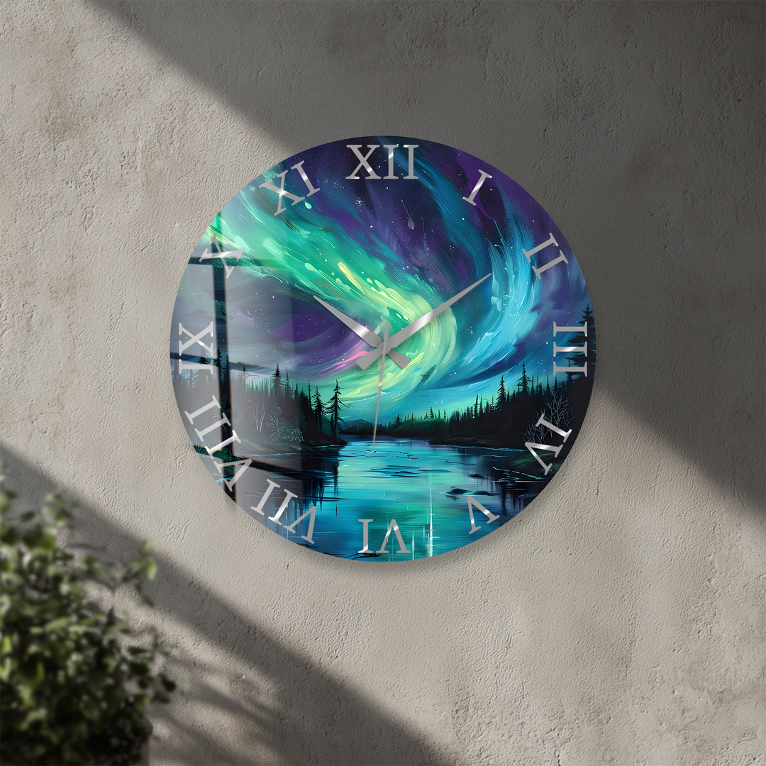Northern Lights Glass Wall Clock – Aurora Borealis Decor