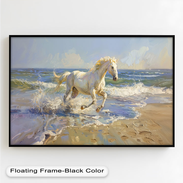 White Horse Galloping on Beach – Dynamic Oil Painting