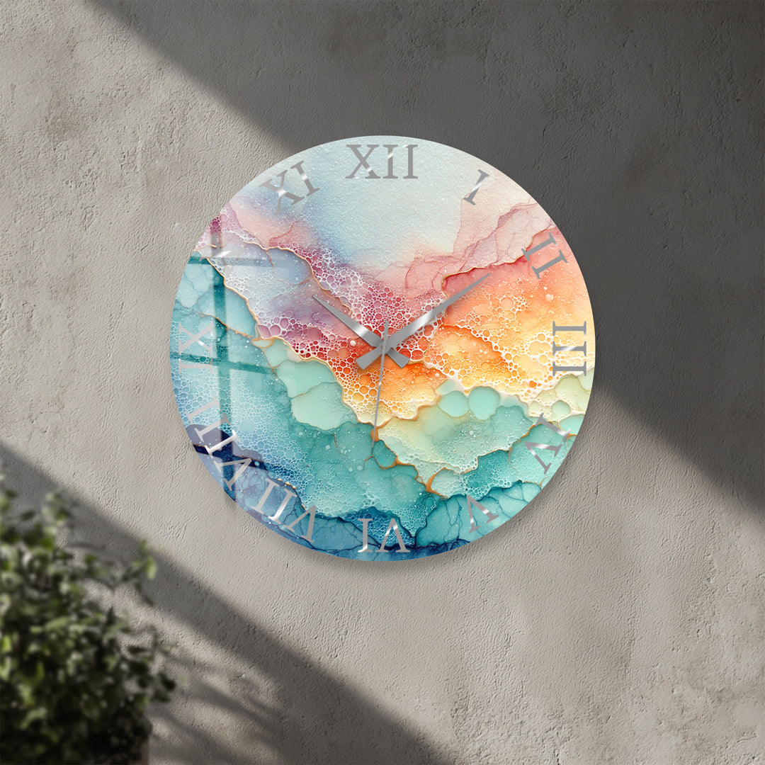 Pastel Fluid Art Glass Wall Clock – Pink and Teal Abstract Decor