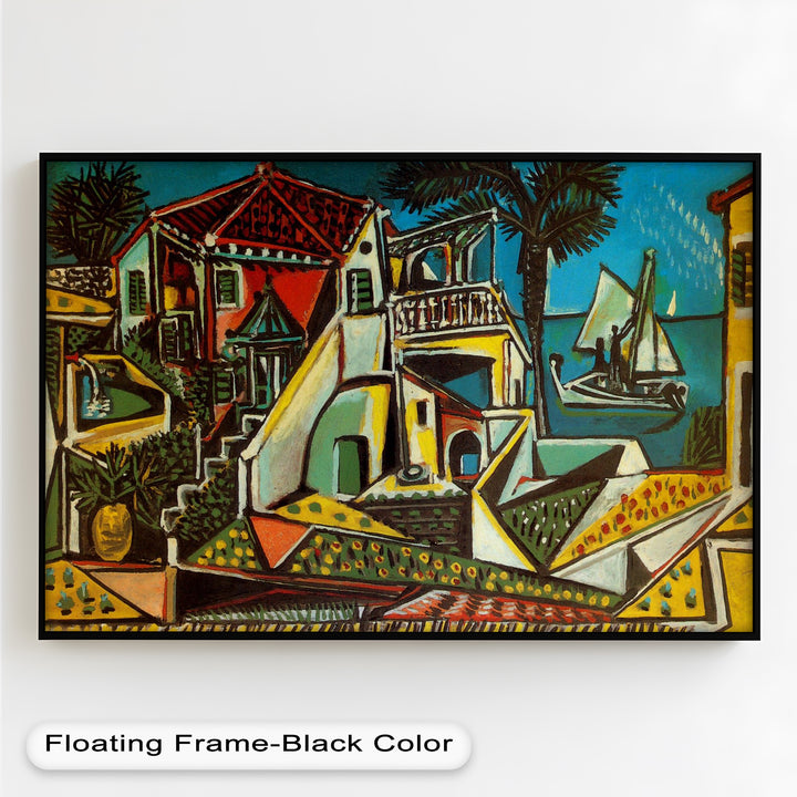 A stylized coastal townscape with angular buildings, vibrant rooftops, and a sailboat under a deep blue sky.