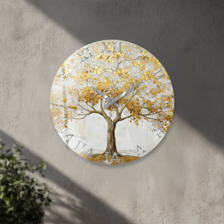 Gold Tree of Life Glass Wall Clock – White and Gold Modern Decor