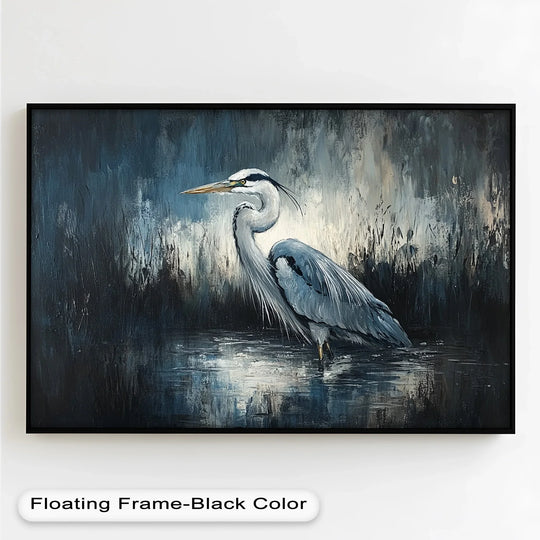 Negative space emphasizes the striking heron in this modern oil painting art, contrasted by the dark, moody marshland and water reflections.