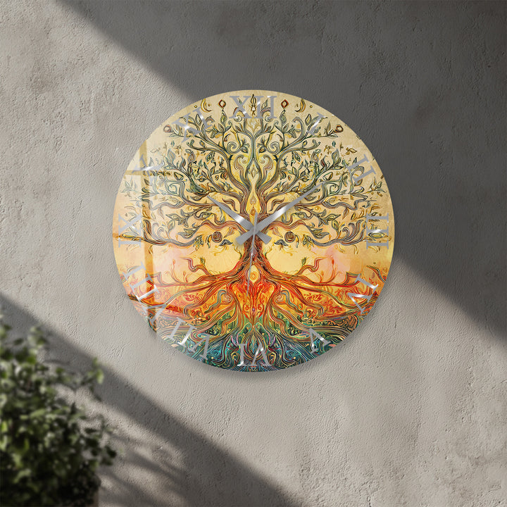 Golden Tree of Life Glass Wall Clock – Boho Botanical Decor