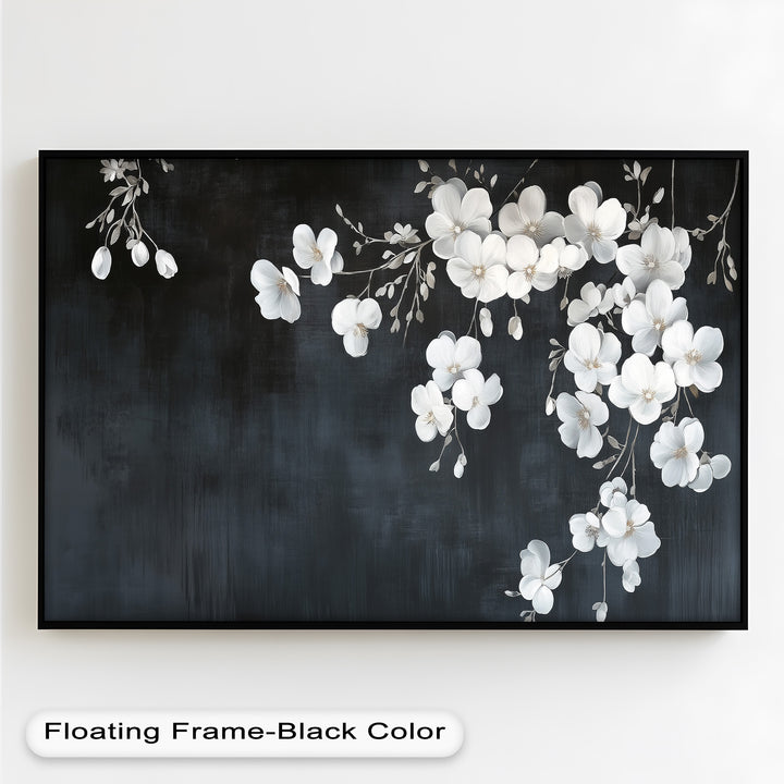 White Cherry Flowers on Midnight Blue - Flower Oil Painting