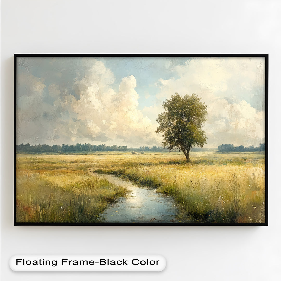 A peaceful rural landscape unfolds in this stunning painting, where a lone tree stands tall amid golden fields, reflecting in a gentle stream under a vast sky filled with billowing clouds.