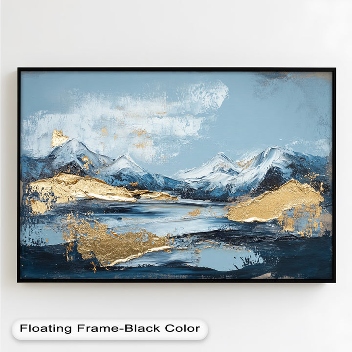 Arctic Peaks – Abstraktes Ölgemälde mit Bergmotiven in Blau und Gold