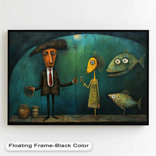 The whimsical surrealist figures are toasting beneath a quirky moonlit scene in this Picasso-style oil painting home decor art, complemented by oversized fish.