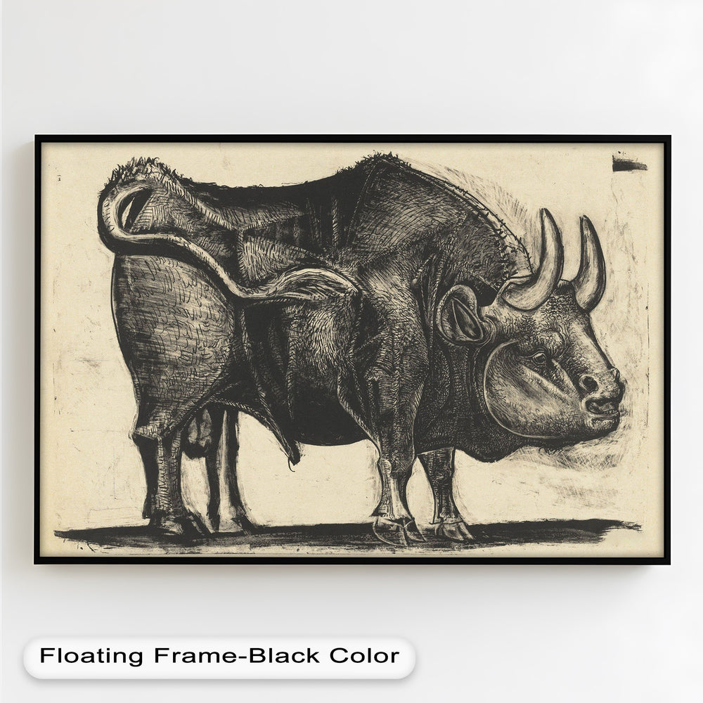 A surreal depiction of a bull rendered with bold linework and shading, capturing both mass and tension in its stance.