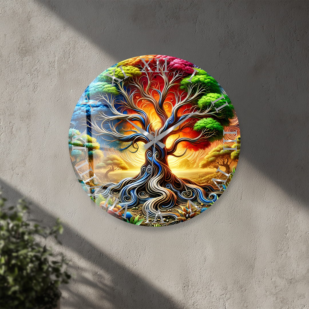 Colorful Tree of Life Glass Wall Clock – Fantasy Nature Decor