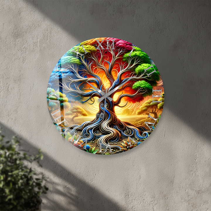 Colorful Tree of Life Glass Wall Clock – Fantasy Nature Decor