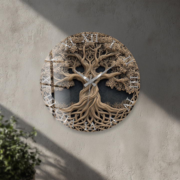Baum des Lebens Glas-Wanduhr – Rustikale geschnitzte Holzoptik