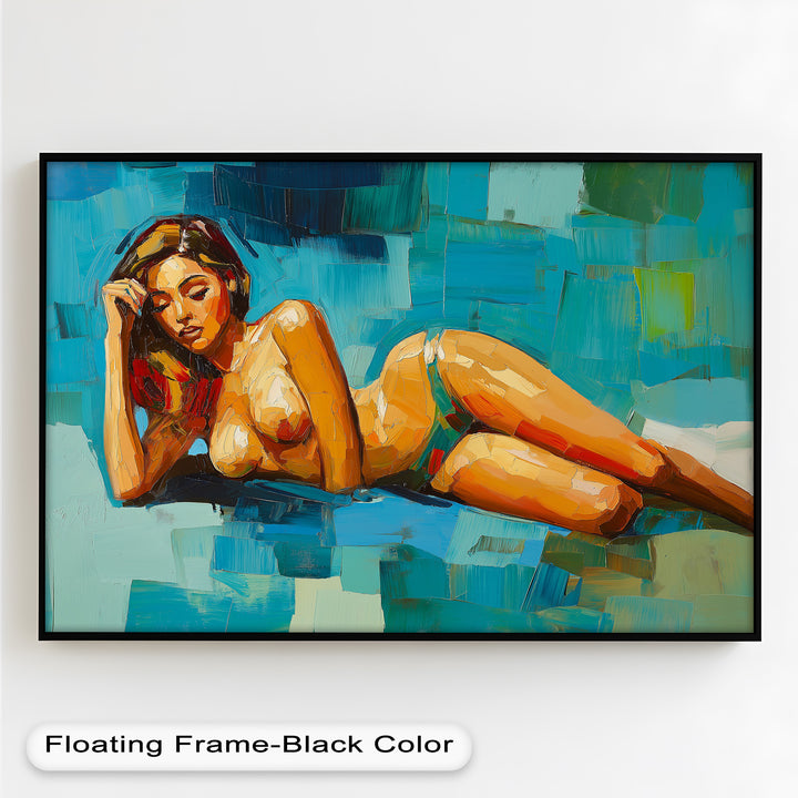 Tropical Repose – Reclining Woman with Ocean Tones Oil Painting