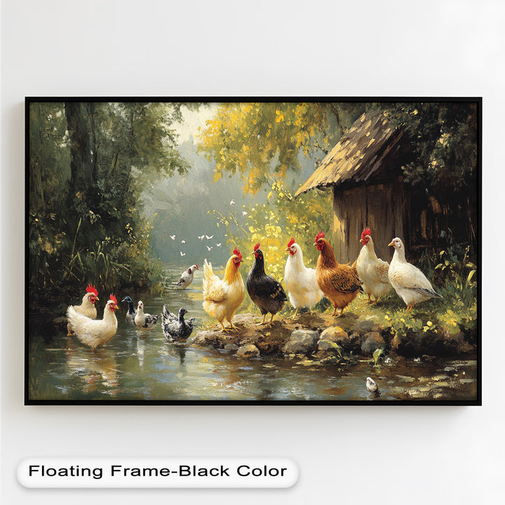 Country Farmyard Chickens by the Stream – Animal Oil Painting