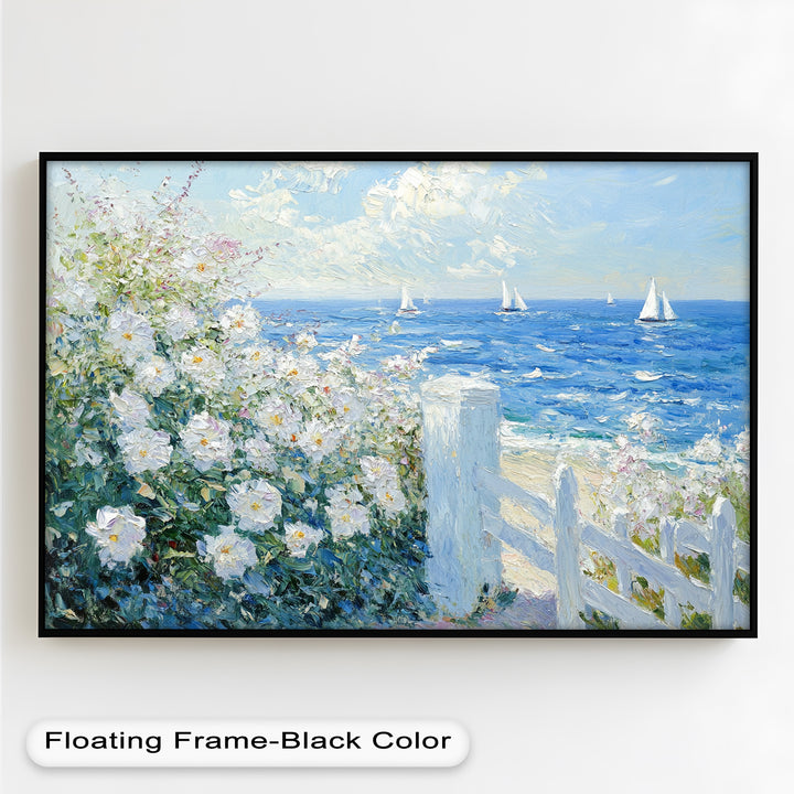 White Rose Garden with Sailboats – Impressionist Oil Painting