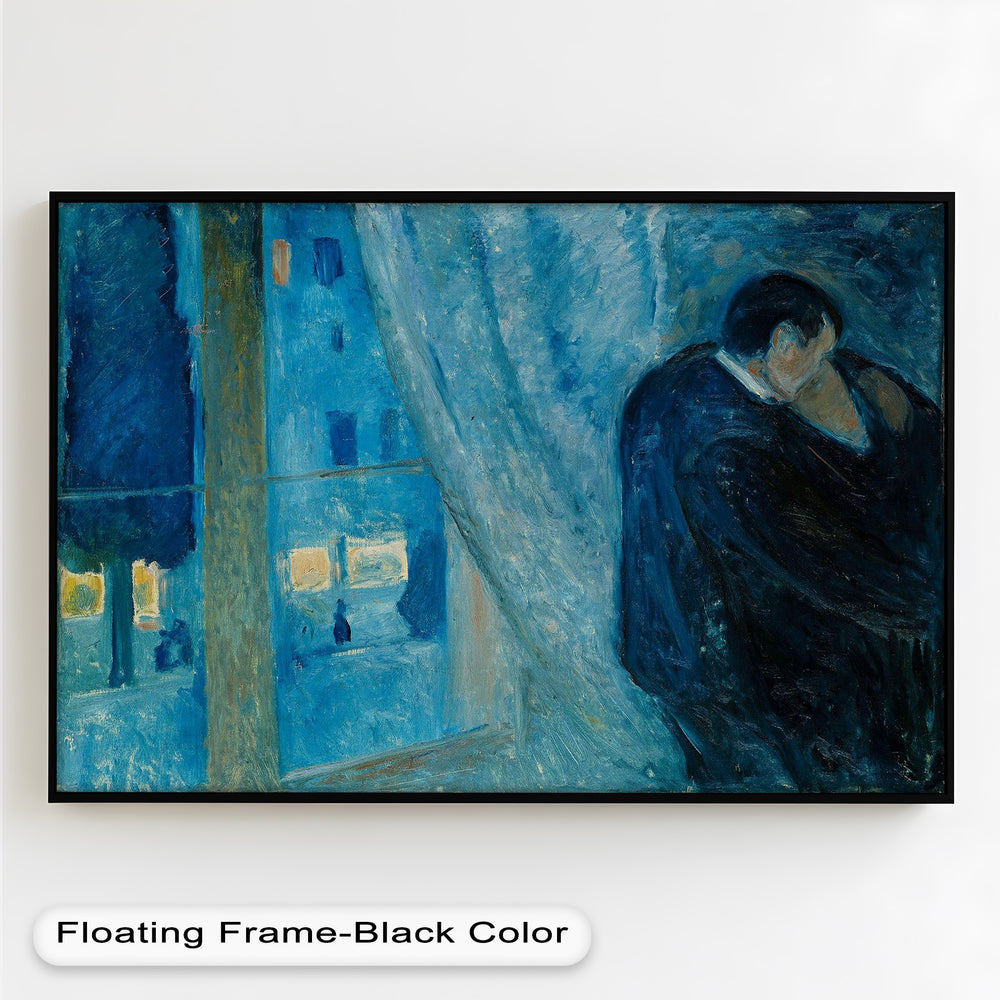 Expressionist artwork showing lovers in a tender moment by a curtained window on a winter night.

