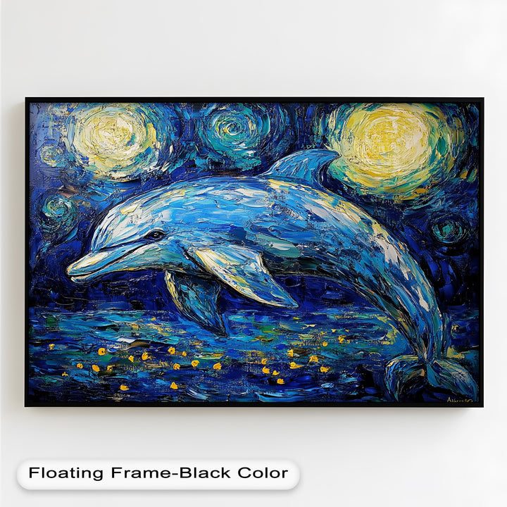 Starry Night Dolphin in Ocean Dreamscape – Animal Oil Painting