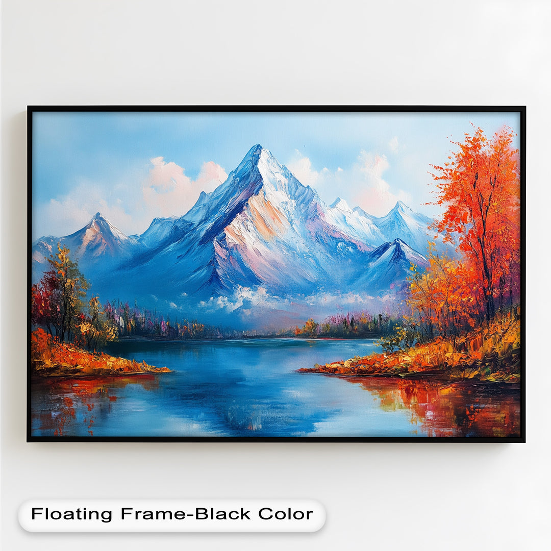 A breathtaking mountain landscape comes to life with vivid autumn colors, where towering snow-capped peaks rise above a tranquil lake reflecting the fiery hues of fall foliage.