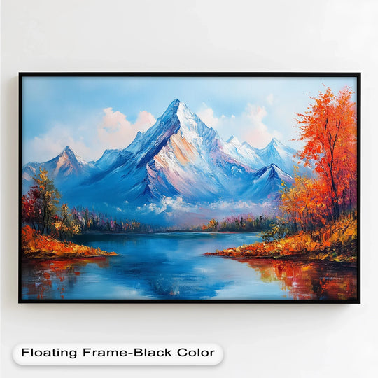 Evoking a dreamlike essence, this framed nature oil painting presents an abstract quality with its impressionistic mountain range and vivid autumnal colors that complement the fine oil painting wall art.