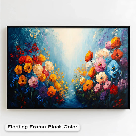 Geometric arrangement of multicolored flowers and brushstrokes defines the abstract garden path in this oil painting home decor, creating a vibrant focal point.