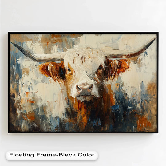 Bold brushstrokes and layered textures create a captivating animal oil painting decoration, portraying a soulful Highland cow with prominent horns and a striking gaze.