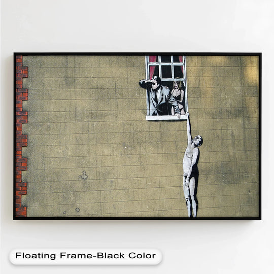 Horizontal and rectangular Banksy oil painting features oil painting home decor depicting a scene of love in suspense.