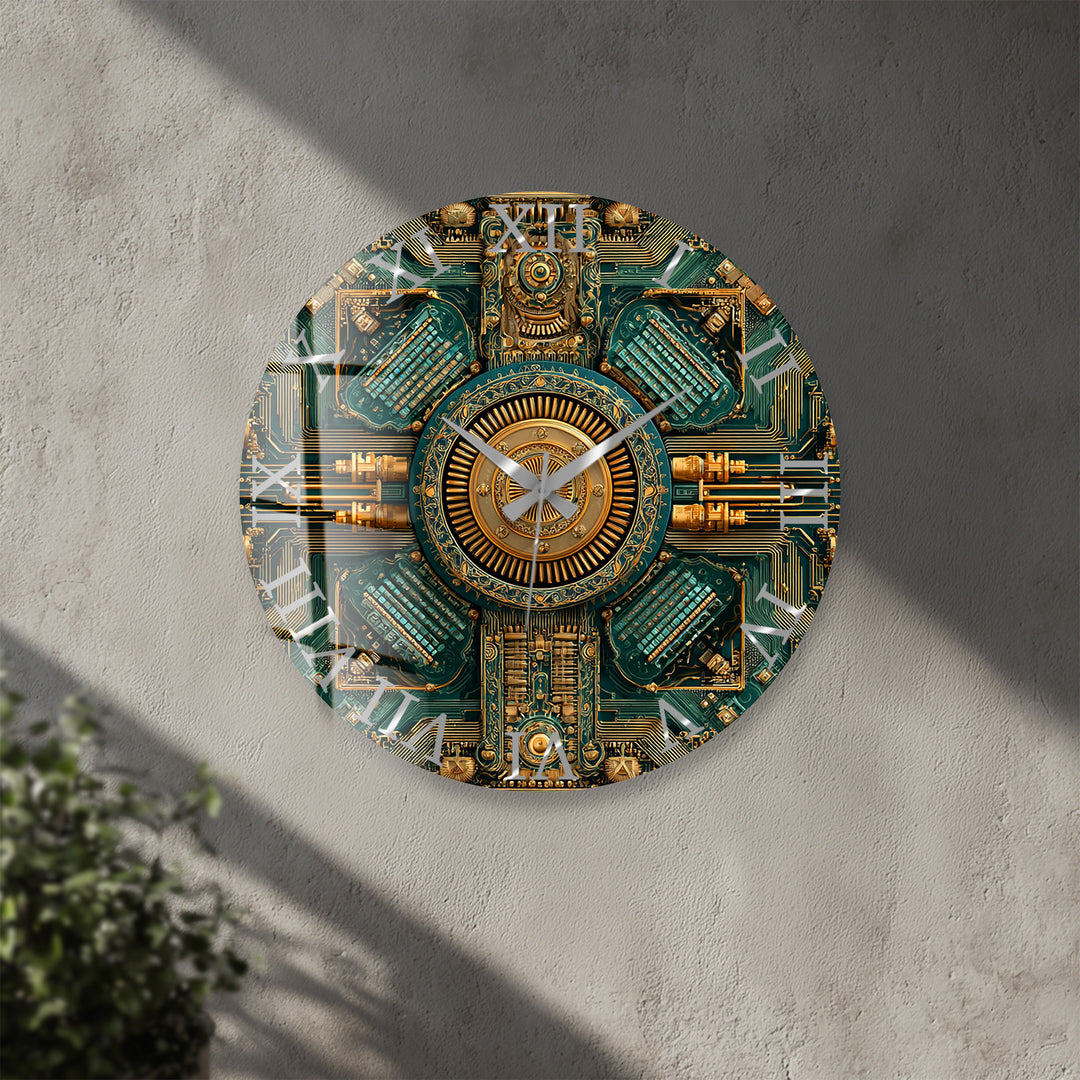 Steampunk-Wanduhr aus Glas – goldenes mechanisches Zahnraddekor