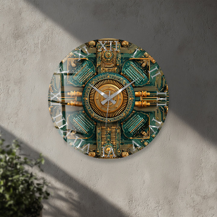 Steampunk-Wanduhr aus Glas – goldenes mechanisches Zahnraddekor