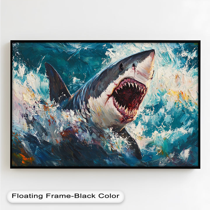 Ferocious Shark Emerging from Turbulent Waters – Animal Oil Painting