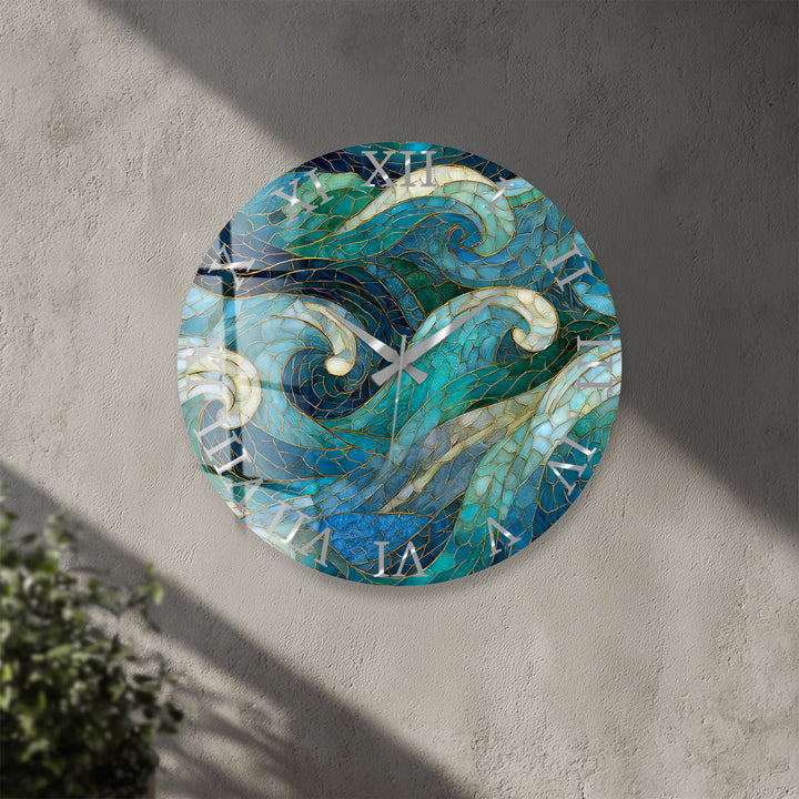 Blue Wave Glass Wall Clock – Abstract Stained Glass Style