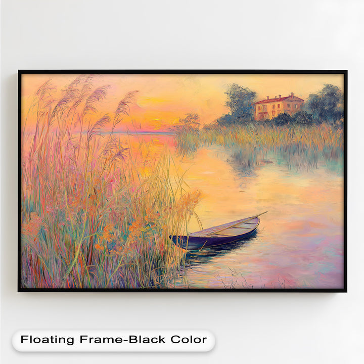 Golden Reeds and Sunset Rowboat – Impressionist Oil Painting